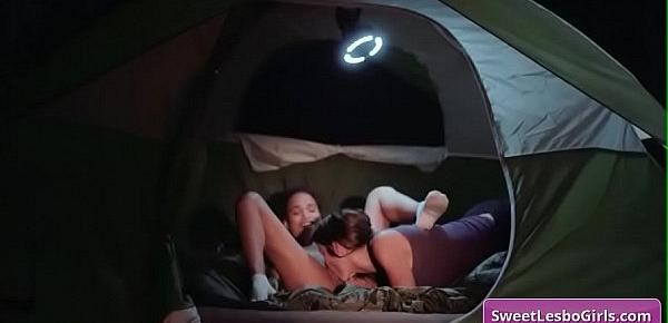  Horny big tit lesbian hotties Gianna Dior, Shyla Jennings eating pussy and finger fuck each other in a tent at night